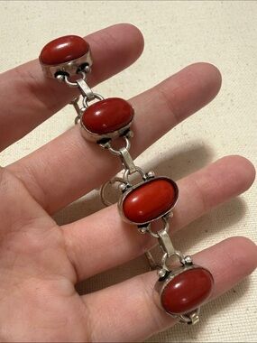 Sterling Silver 925 Native Handmade Red Coral Oval Link Bracelet